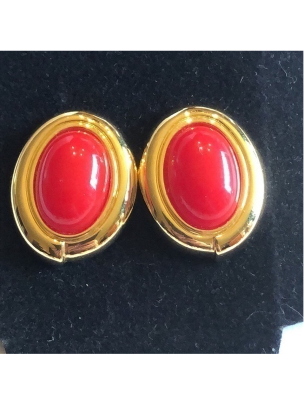 Monet Gold Tone & Red Oval Dome Retro Vintage Pierced Earrings